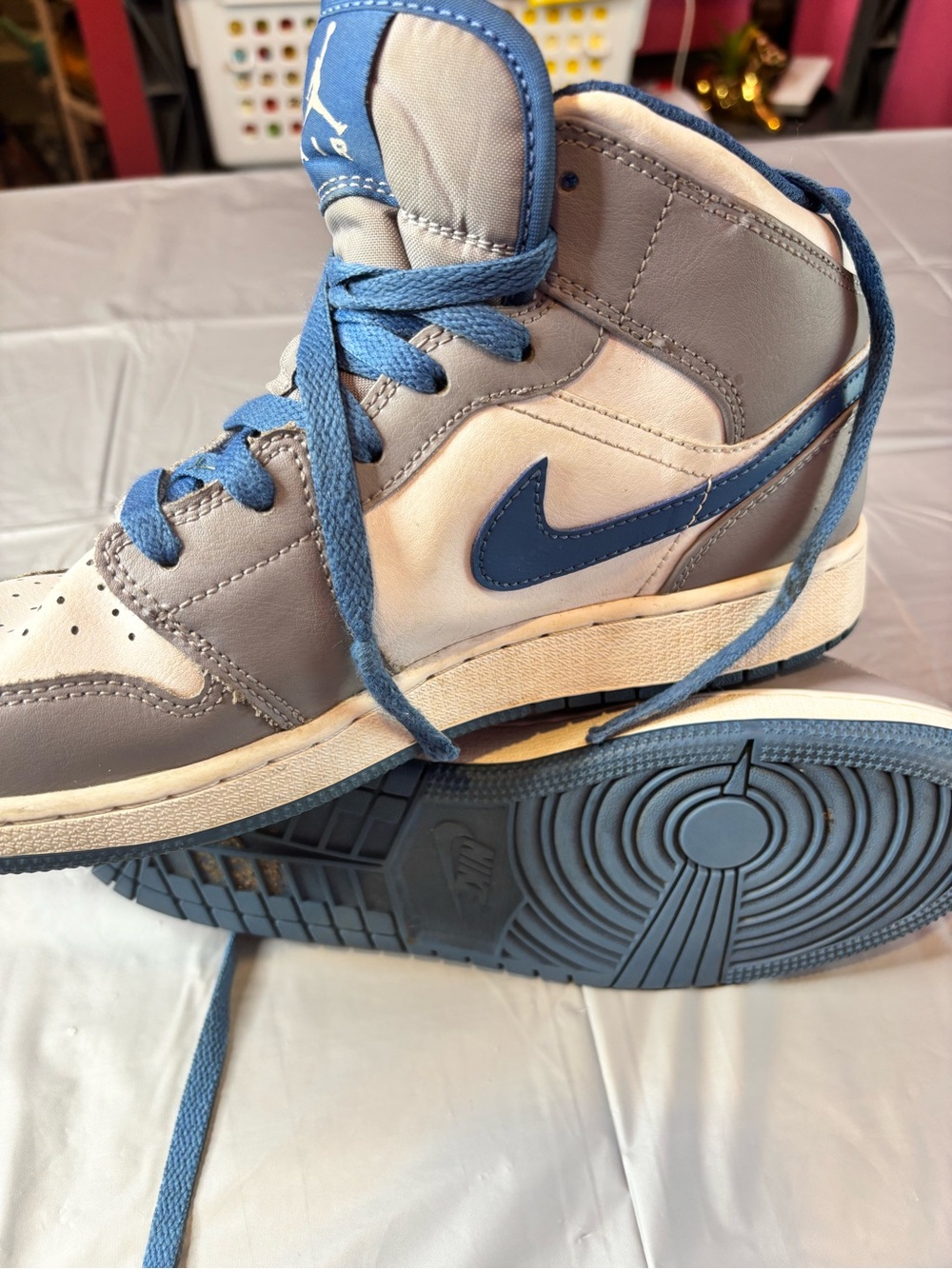 Nike Air Jordan 1 Mid White Grey Blue Sneakers Size 7Y